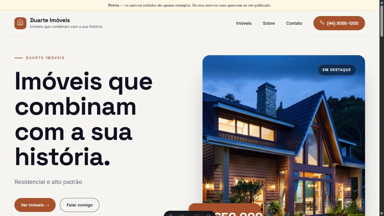 Site profissional criado no Imovly, com marca própria e imóveis em destaque